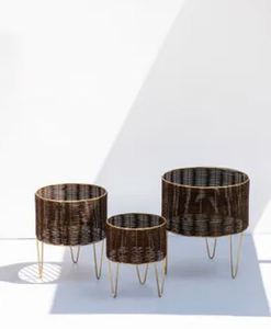 Handmade planters customized design & size decorative planters Rattan weaved planters cane <b>flower</b> pots with golden metal stand - Product Image 2