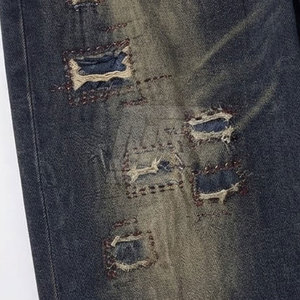 Pantalon déchiré pour homme avec cordon de serrage à la taille, en coton délavé, coupe décontractée, style streetwear, pour tous les jours - Product Image 3