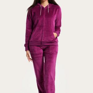 Sudadera con capucha y cremallera de terciopelo de color vino de algodón para mujer, suéter de terciopelo en blanco personalizado, sudaderas lisas para mujer - Product Image 2