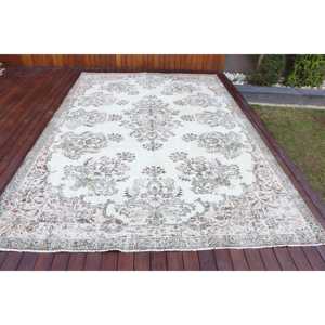 พรมขนาด 7.3x11.3 ฟุต, พรมวินเทจตุรกี, พรมขนสัตว์ลายสัตว์สีขาว - Product Image 1