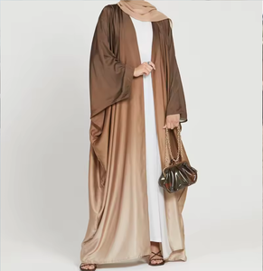 Ropa informal marrón Abaya árabe liso con bufanda Hijab de gasa, ropa islámica modesta EID Abayas abiertas de seda brillante elegante de Dubái - Product Image 5