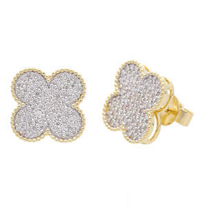 Elegant Women's 14K White Gold Rhodium Plated Clover <b>Stud</b> <b>Earrings</b> Encrusted 0.80CTW Natural Diamonds Pave Setting Beaded Edge - Product Image 3