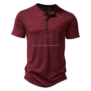 T-shirts d'été à la mode hip-hop pour hommes T-shirts à col Henry en coton de couleur unie T-shirts décontractés à manches courtes avec boutons - Product Image 5