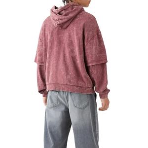 Streetwear Vintage en détresse lavage à l'acide à capuche pour hommes usine meilleure qualité Design hommes lavage à l'acide Double manches à capuche 2025 - Product Image 4