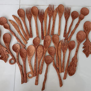 Ensemble de cuillère, fourchette et bol en bois de coco en forme de cœur, ustensiles artisanaux pour la cuisine à domicile et les événements de restauration - Product Image 1