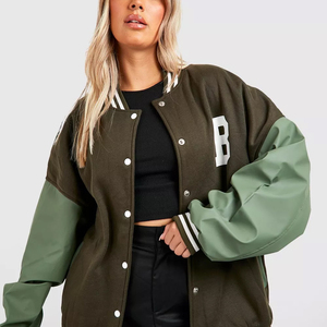 Chaquetas de mujer Chaqueta de lana con mangas de cuero de piel de oveja Chaqueta corta recortada al por mayor con letras bordadas - Product Image 4