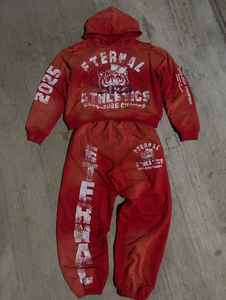 Conjunto Deportivo de Felpa de Algodón con Estampado Personalizado, Pantalones Deportivos y Sudadera con Capucha Desgastados y Rotos, Estilo Vintage Lavado Ácido, Chándal Holgado - Product Image 3