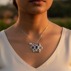 Pendentif fleur chakra en argent 925 pour femmes, bijoux religieux faits à la main avec pierres précieuses, diamant et perle, cadeau parfait - Product Image 3