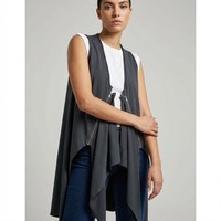 Gilet long en laine tissée détachable avec fermeture éclair, 100 % coton respirant, sans col, vêtement d'extérieur décontracté pour femme