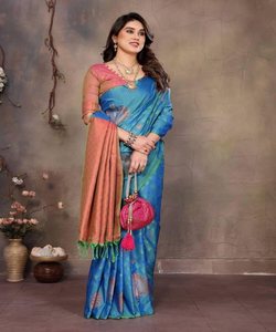 BOLLYWOOD BANARASI SILK COPPER ZARI WORK SAREE WITH UNSTITCHED BLOUSE CASUAL WEAR WHOLESALE PRICE ETHNIC GARMENT - Product Image 1