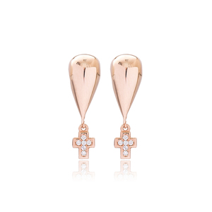 Boucles d'oreilles clous en argent sterling 925 plaqué or, forme poire unie, motif croix, pierre CZ, fabrication turque, vente en gros - Product Image 1