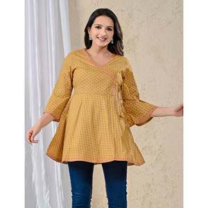 Blusa Angrakha de Popelina de Algodón Color Mostaza para Mujer, Tejida, Casual de Verano, Corta, para Oficina, Tallas XL y 4XL - Product Image 5