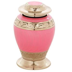 Urna de cremación de latón de alta calidad con banda de grabado Urna de cremación funeraria de metal con acabado de color dorado y rosa - Product Image 1