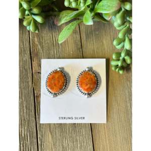 Navajo Made Vintage Apple Coral & <b>Sterling</b> <b>Silver</b> <b>Stud</b> <b>Earrings</b> - Product Image 1