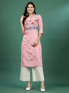 Haute sur demande à la mode Top qualité femmes rose broderie droite Kurta brodé avec travail imprimé exportateur indien - Product Image 2