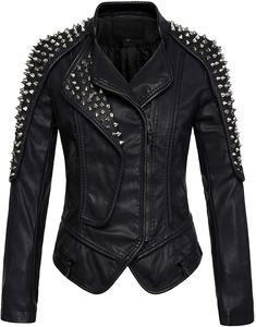 <b>Women</b> Black Leather Stylish Jackets with Studded on Shoulders & <b>Collar</b> High-Quality Material 100% Real Sheepskin Leather Jackets - Product Image 1
