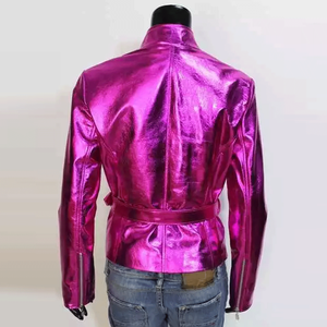 Nueva chaqueta de cuero metálico rosa brillante para mujer, chaquetas de cuero de piel de cordero para motociclista - Product Image 4