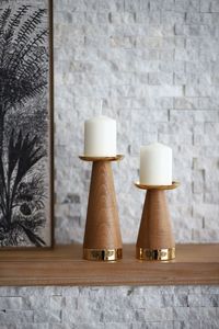 <b>Wood</b> & Aluminum Metal <b>Candle</b> <b>Holder</b> with Rectangular Wooden Base Gold Accents <b>Pillar</b> <b>Holder</b> for Christmas Home Decor Wholesale - Product Image 2
