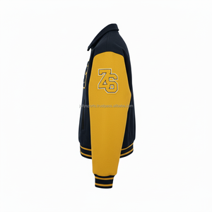 Veste universitaire en laine mélangée 450 GSM de haute qualité manches contrastées jaune marine Logo personnalisé Patch Chenille Varsity Jacket pour homme - Product Image 5