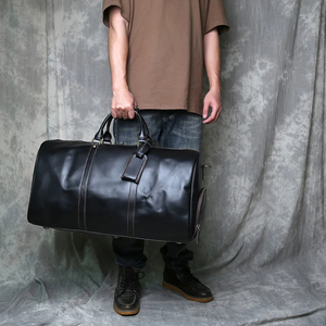 Sac de voyage pliable en cuir véritable, grande capacité, fermeture éclair, durable, léger, noir - Product Image 5