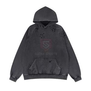 Sudadera con Capucha Vintage Negra con Lavado Ácido, Paneles de Hombro Acanalados, Sudadera de Felpa de Algodón Desgastada - Product Image 1