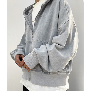 Sweat à capuche personnalisé de haute qualité, lavage à l'acide, 100% coton, poids lourd, épaules tombantes, double fermeture éclair, coupe-vent et respirant, pour homme, automne - Product Image 6