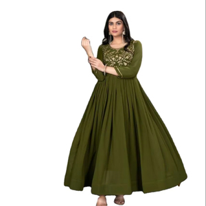 Mehndi Colour Design Faux Georgette Embroidery Evening <b>Night</b> Party Special V Neck Long Length Fancy Kurti Set At Wholesale - Product Image 1