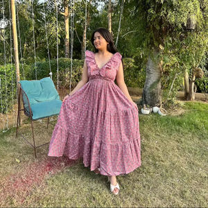 Vestido largo bohemio con estampado Floral ecológico para mujer, vestido Midi informal de verano, bloque de mano, estampado Floral, otoño Natural - Product Image 1