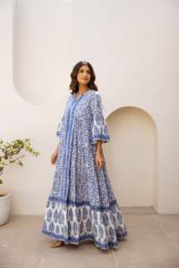 Vestido Maxi Bohemio Otoñal para Mujer, Estampado en Bloques Azul y Blanco, Caftán Largo de Algodón, Mangas Acampanadas, Diseño Étnico, Cintura Natural - Product Image 6