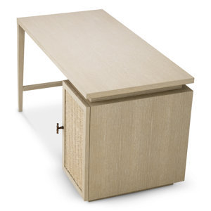 Washed Oak Wood Rattan Rectangular Executive Office <b>Desk</b> with Spacious Work Surface for Home <b>Study</b> - Product Image 4