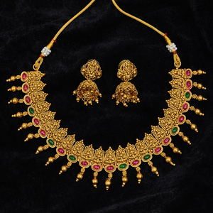 High Quality Ethnic Traditional Temple Design Bridal Choker <b>Set</b> with Zircon Jhumka Earrings <b>Gold</b> Plated Finish for Wedding Party - Product Image 2