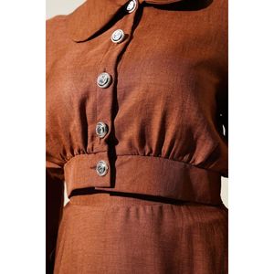 Ensemble Veste Courte Boutonnée et Jupe 2 Pièces Marron - Product Image 4