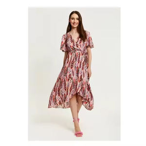 Venta de fábrica de alta calidad, ocasiones formales de verano, viscosa, estampado Floral de Cachemira, manga corta, escote en V, gasa, vestido marrón y rosa - Product Image 3