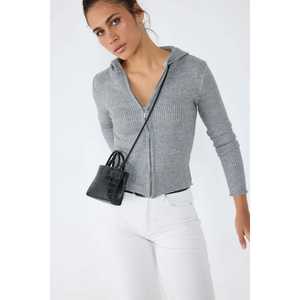 Cárdigan de Punto con Capucha, Cierre de Cremallera, Color Gris, Estilo Casual Otoñal, Lana Tejida con Patrón de Rayas y Estampado - Product Image 3