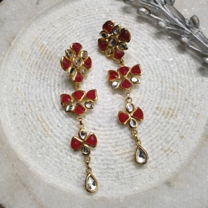 22K Gold Plated <b>Red</b> Clear Stone Dangle <b>Earrings</b> Floral Design Long <b>Drop</b> Jewelry Traditional Kundan Style - Product Image 2