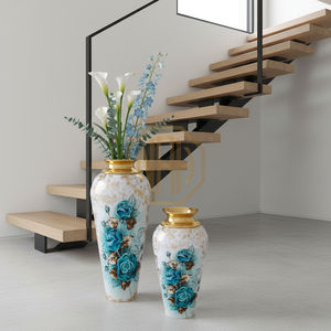 Luxury Iron <b>Floor</b> Flower <b>Vase</b> Blue Floral Enamel Finish with Embossed <b>Gold</b> Neck Decorative Metal <b>Vase</b> for Home Hotel Decor - Product Image 6