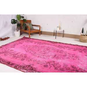 Tapis turc vintage patchwork 5,8x9,5 pieds, écologique, en laine rose orientale avec envers en latex - Product Image 3