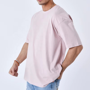 Men's Light <b>Pink</b> Solid Color Short Sleeve O-Neck Oversized Casual T-Shirt 100% Cotton Jersey Knitted <b>Plain</b> Dyed - Product Image 3