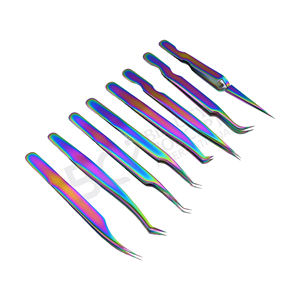 Ensemble de pinces à cils en acier inoxydable arc-en-ciel, antistatiques et durables, à pointe fine, pour artistes, volume, courbées et droites, pour greffe de cils en gros - Product Image 2