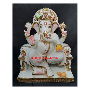 Statue de Ganesh en marbre blanc de très haute qualité, position assise, avec Laddu dans la main, utilisée pour le culte lors des festivals de Diwali - Product Image 1