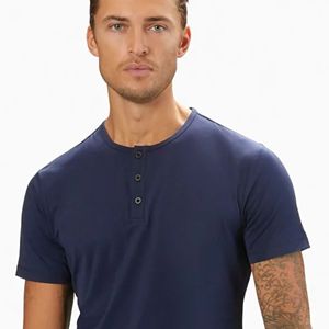 Top Selling Buttery Soft Pacific Blue Henley Shirt 62% Poliéster, 33% Algodón, 5% Spandex, Signature Fit, Curve-Hem - Product Image 2