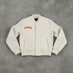 Chaqueta Varsity Ligera Color Beige para Hombre, 100% Algodón, Mangas de Cuero Genuino, Cuello Acanalado, Transpirable, para Invierno - Product Image 1