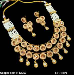 Oval Shape Beautiful Elegant Kundan Studded & Pearl Studded Dangle Gold Plated Copper <b>Wedding</b> <b>Jewellery</b> With Earrings Womens - Product Image 3