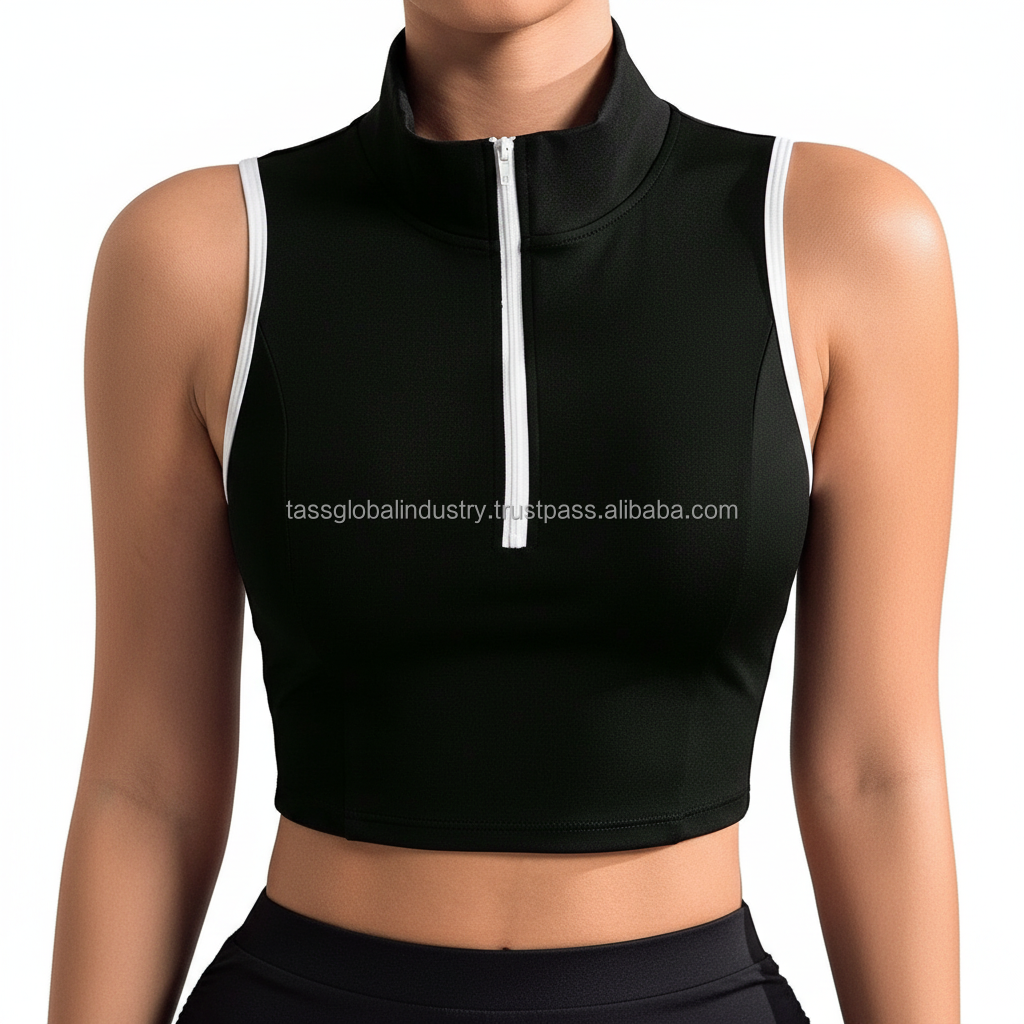 Custom Women Sleeveless High Neck Crop Top Half Zip Athletic Slim Fit Bras Contrast Binding Yoga Sports Vest