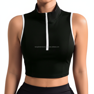 เสื้อครอปแขนกุดคอสูงสำหรับผู้หญิง แบบซิปครึ่งตัว ทรงสลิมฟิต บราในตัว แต่งขอบตัดกัน เหมาะสำหรับโยคะและออกกำลังกาย - Product Image 1