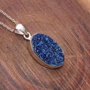 Collier pendentif pierre précieuse Druzy bleu fait à la main bijoux en argent Sterling pendentif élégant cadeau pour elle - Product Image 1