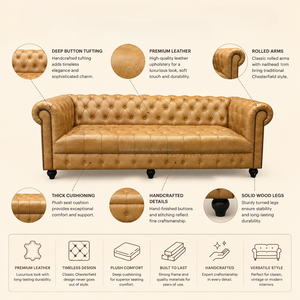 Sofá Chesterfield Clásico de 3 Plazas, Muebles para el Hogar de Cuero Genuino, Sofá Acolchado Profundo, Asientos Elegantes para Sala de Estar, Diseño Premium - Product Image 2