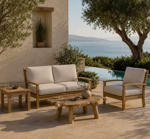 Ensemble de canapés de jardin en teck minimaliste pour l'extérieur avec coussins imperméables pour balcon et terrasse - Product Image 2
