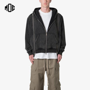 Sweat à capuche à 3 fermetures éclair 100% coton pour hommes Vintage lavage à l'acide Logo personnalisé poids lourd 500GSM nouvelle mode hiver Double glissière 3 fermetures éclair - Product Image 1