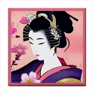 Azulejo artesanal de cerámica con borde Backsplash rosa de Arte de Geisha de estilo japonés - Product Image 1